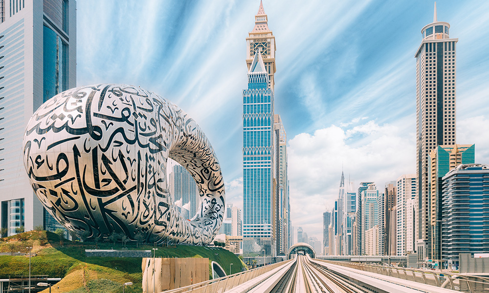 Metro,Railway,Among,Among,Glass,Skyscrapers,In,Dubai.,Traffic,On